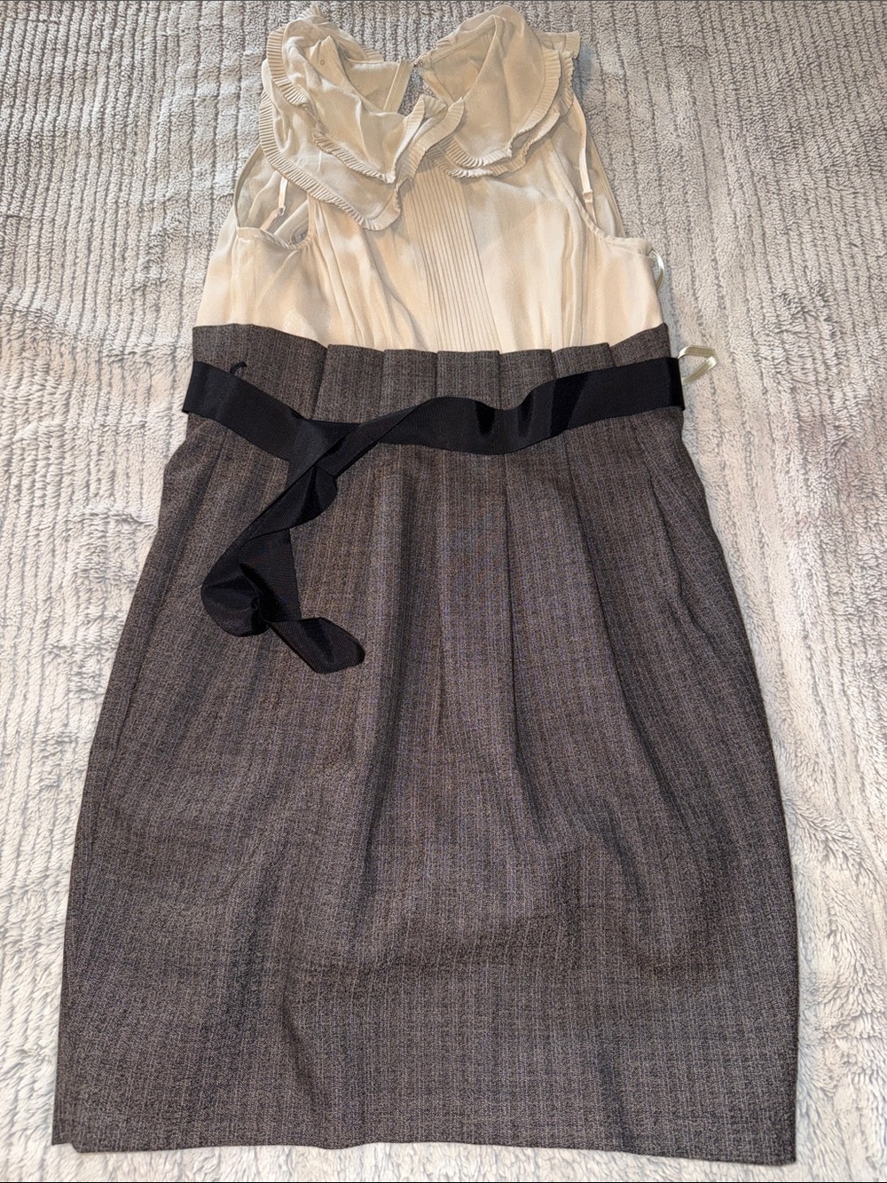 BCBGMaxAzria Cream Ruffle Bodice with Gray Pencil Skirt and Black Waist Sash